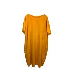 Ischiko Women's Golden Yellow Midi Dress One Size Short Sleeve Cotton Lagenlook